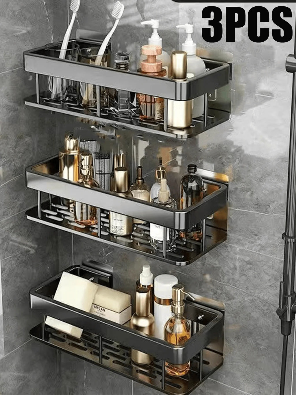 3PCS Adhesive Aluminum Shower Shelf: Rust-Proof No-Drill Bathroom Storage Organizer
