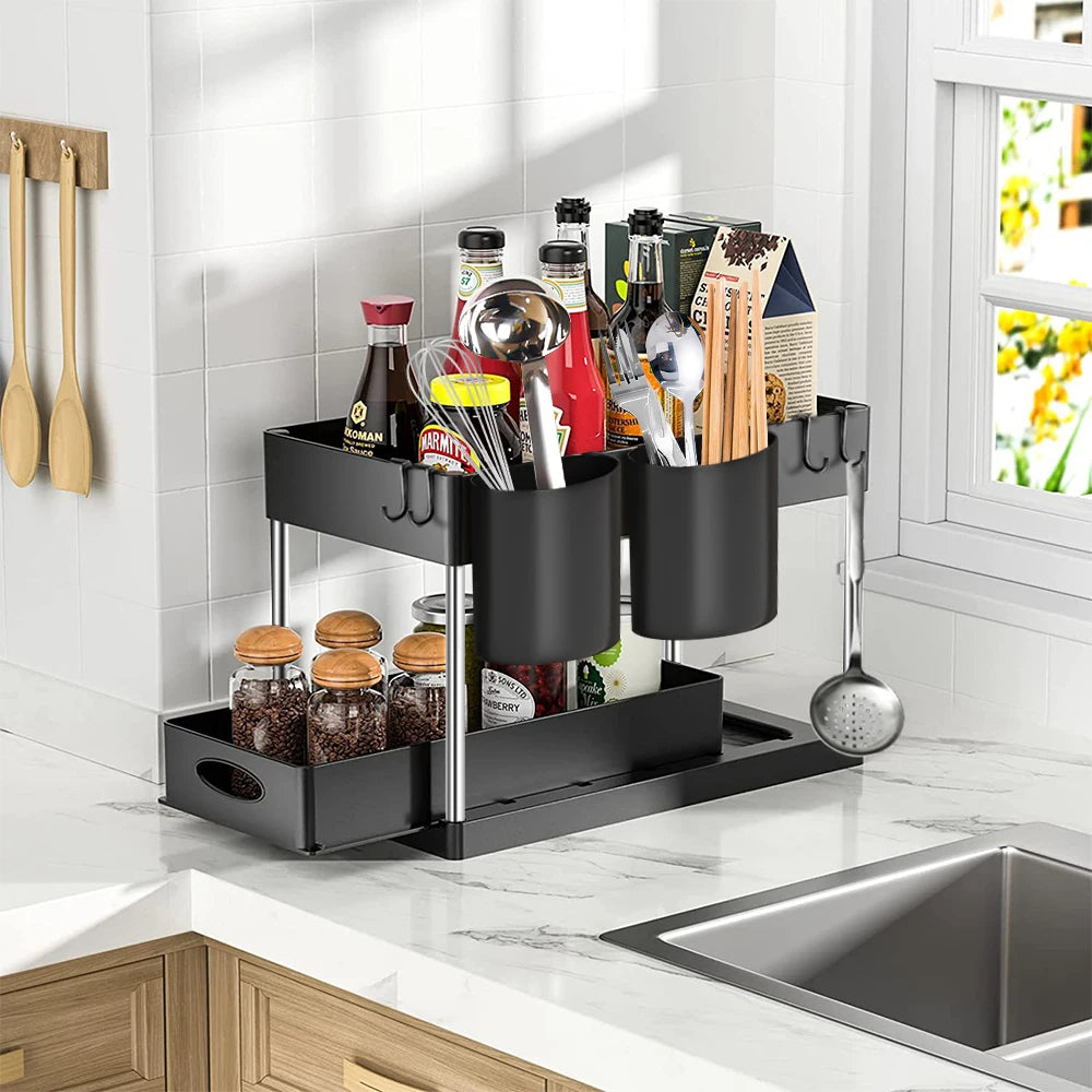 2-Tier Under Sink Organizer – Space saving Kitchen and Bathroom Storage.
