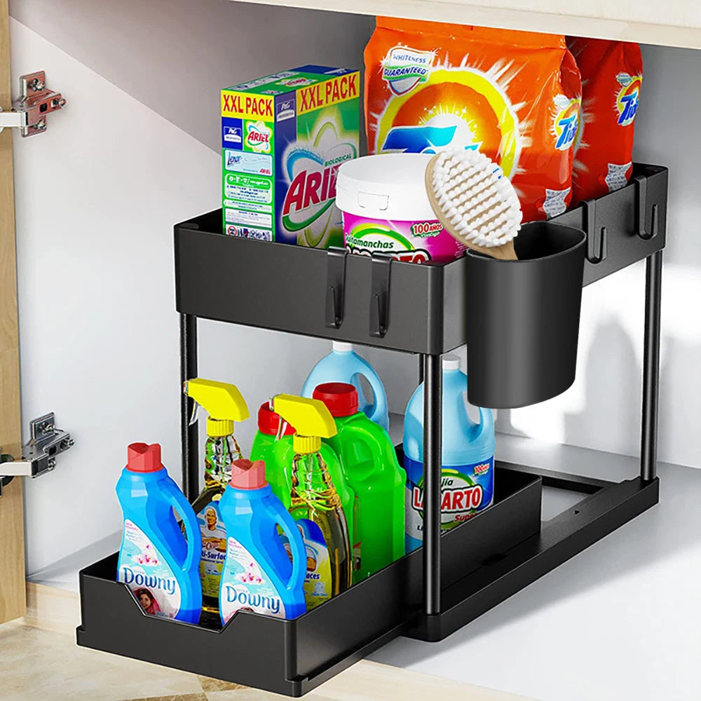 2-Tier Under Sink Organizer – Space saving Kitchen and Bathroom Storage.