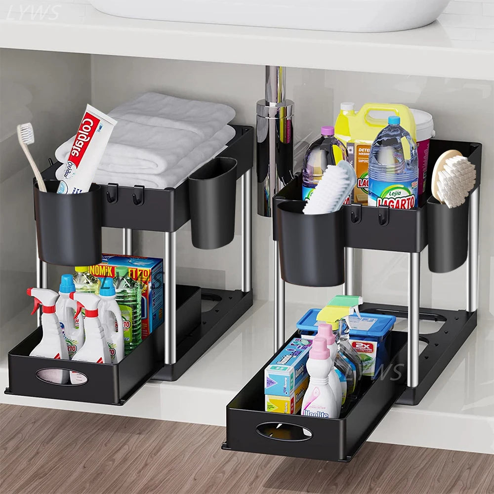 2-Tier Under Sink Organizer – Space saving Kitchen and Bathroom Storage.