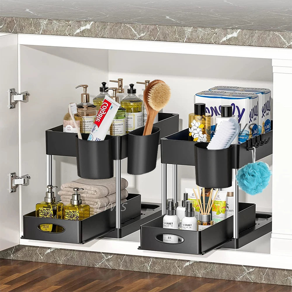 2-Tier Under Sink Organizer – Space saving Kitchen and Bathroom Storage.