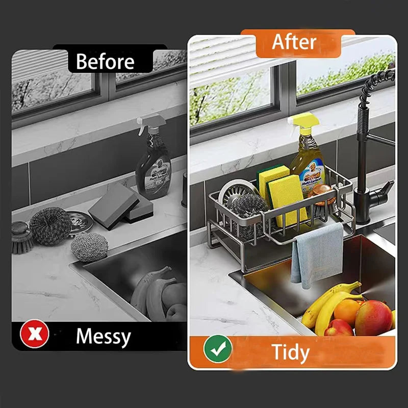 Stainless Steel Kitchen Sink Caddy – Sponge Holder & Dish Soap Organizer with Drain T